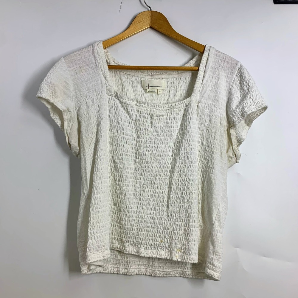 Anthropologie White Textured Smocked Square Neck Short Sleeve Top‎ Womens XL